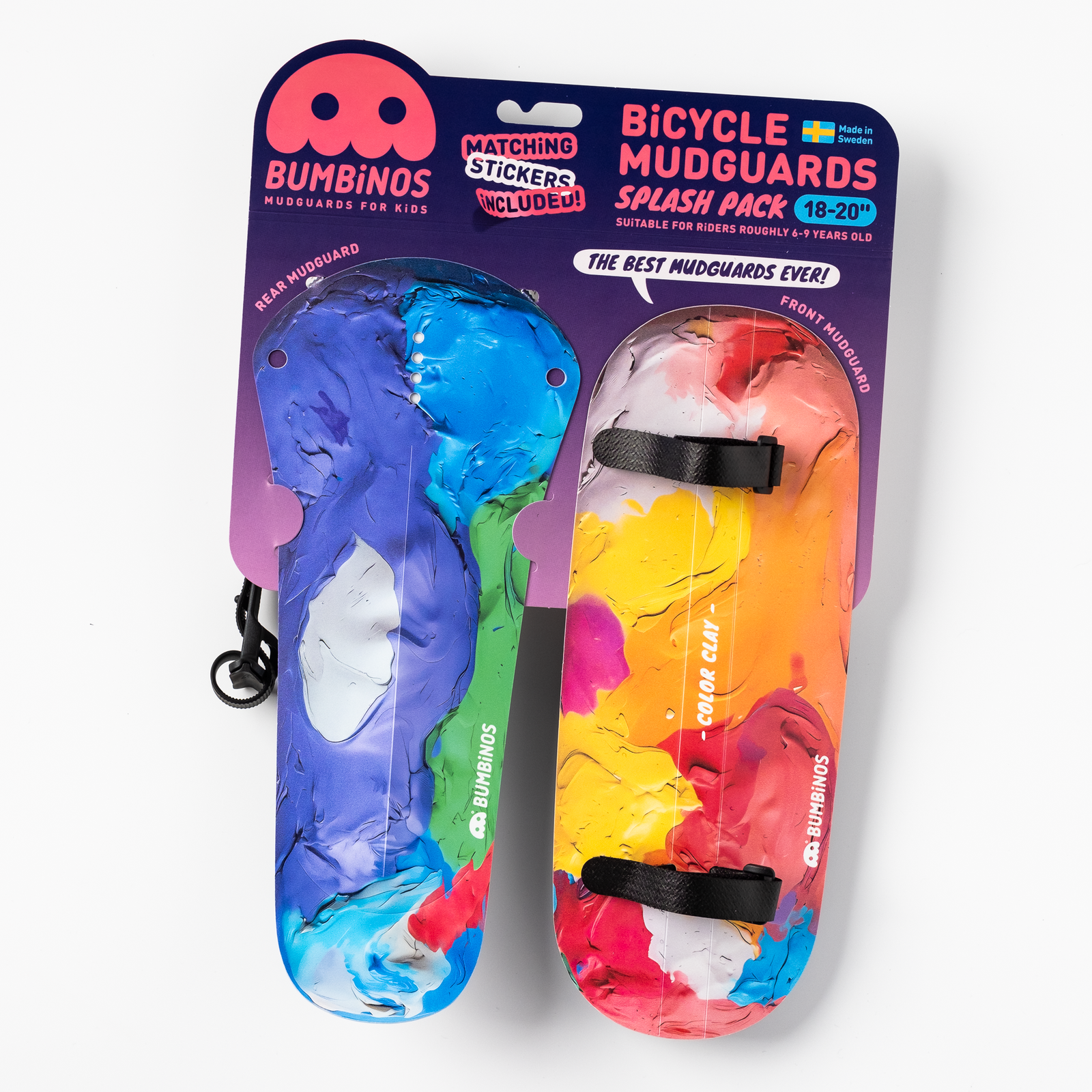Bumbinos bicycle mudguards packaging with colorful designs on a white background