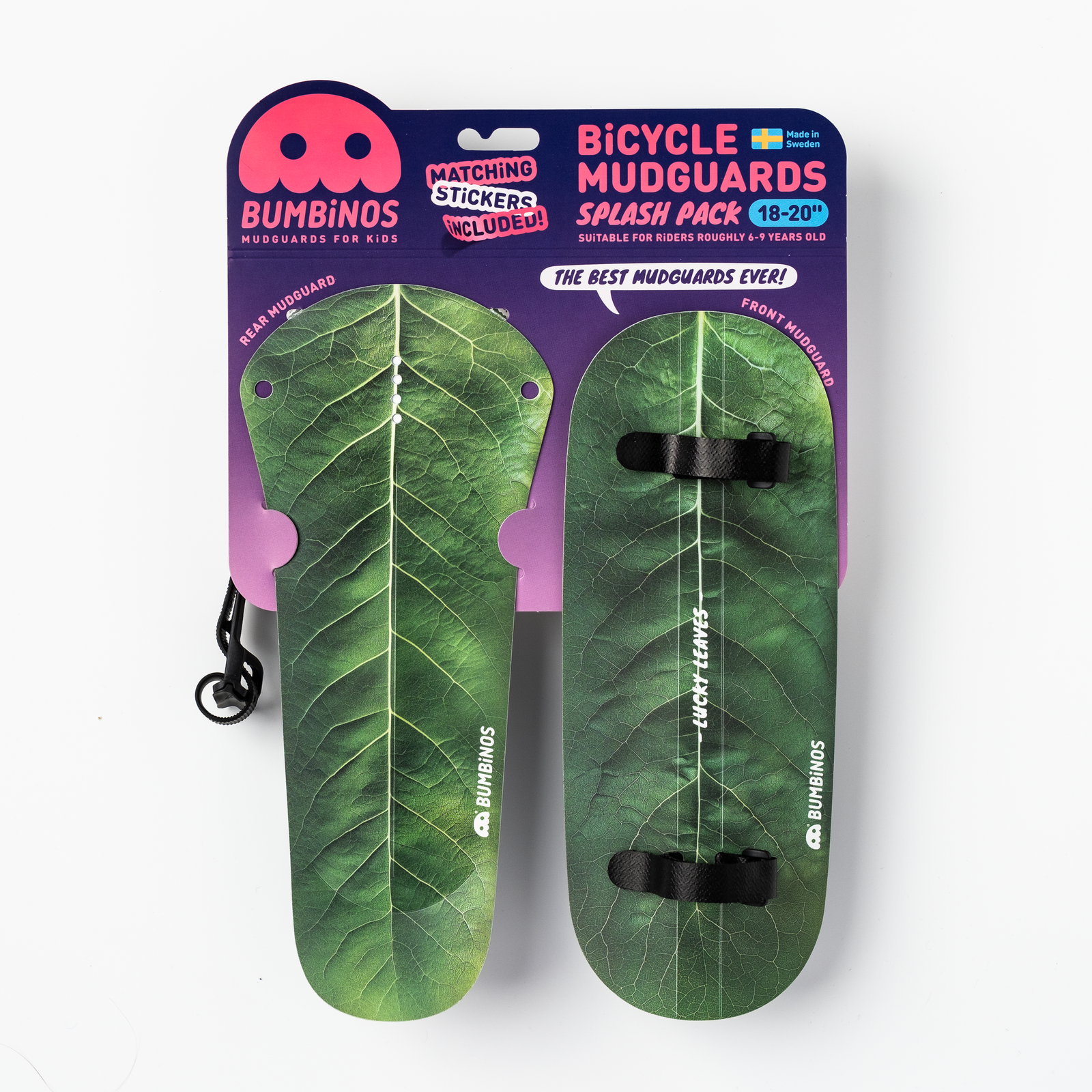 Bumbinos bicycle mudguards packaging with leaf design on a white background
