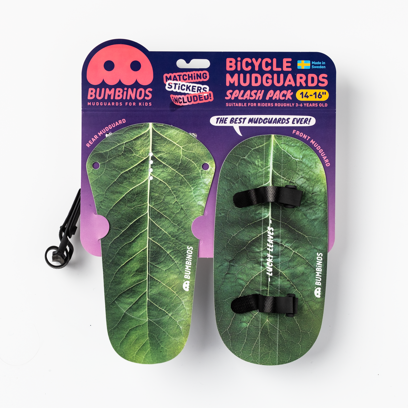 Bumbinos bicycle mudguards packaging with green leaf design on a white background