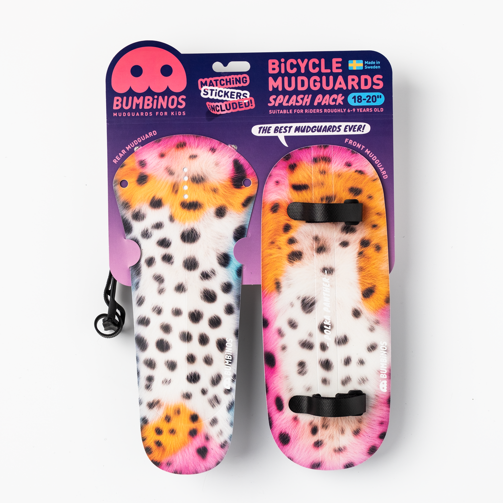 Bumbinos bicycle mudguards with colorful fur design in packaging on a white background